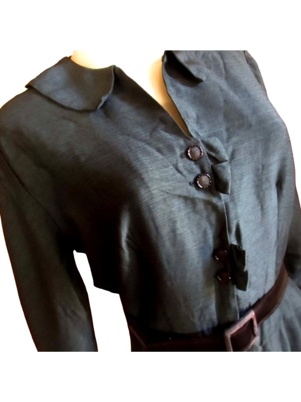 True Vintage Dress 1950's 10 Green Long-Sleeve Belt Button Librarian Secretary